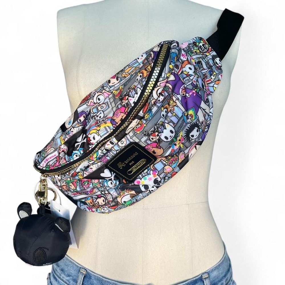 Tokidoki Lesportsac belt bag with cute punk city scape & black nylon plush charm